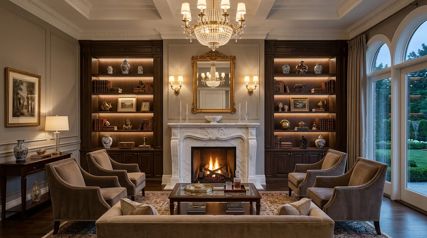 Match the built-ins to the fireplace style inspiration for a living room with fireplace built-ins.